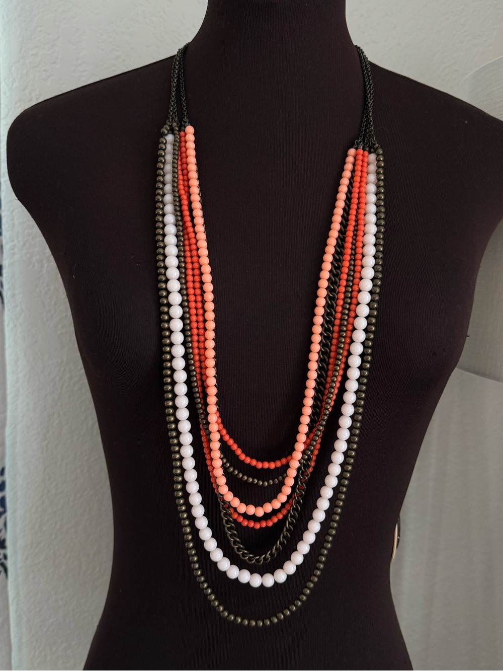 Premier Designs Multi-Strand Beaded Statement Necklace Coral White Bronze